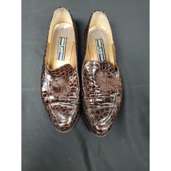 Stuart Weitzman Tassel Loafer Shoes Croc Embossed Patent Leather Brown Sz 9 - Picture 2 of 7